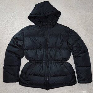 Women Small Black Down Hooded Puffer Winter Coat, Adjustable Waist, Like New